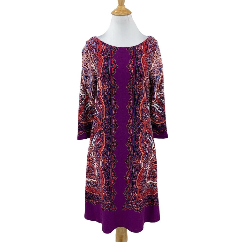 Tommy Bahama Dress Womens M Medium Purple Paisley Quarter Sleeve Boat Neck